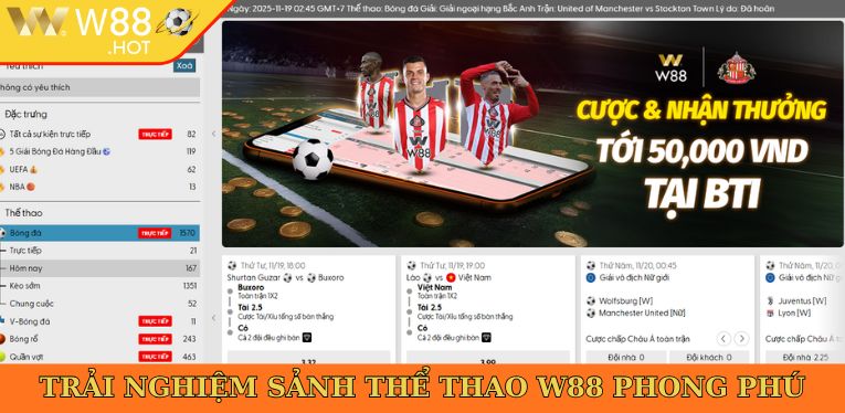 Trải nghiệm sảnh thể thao W88 phong phú
